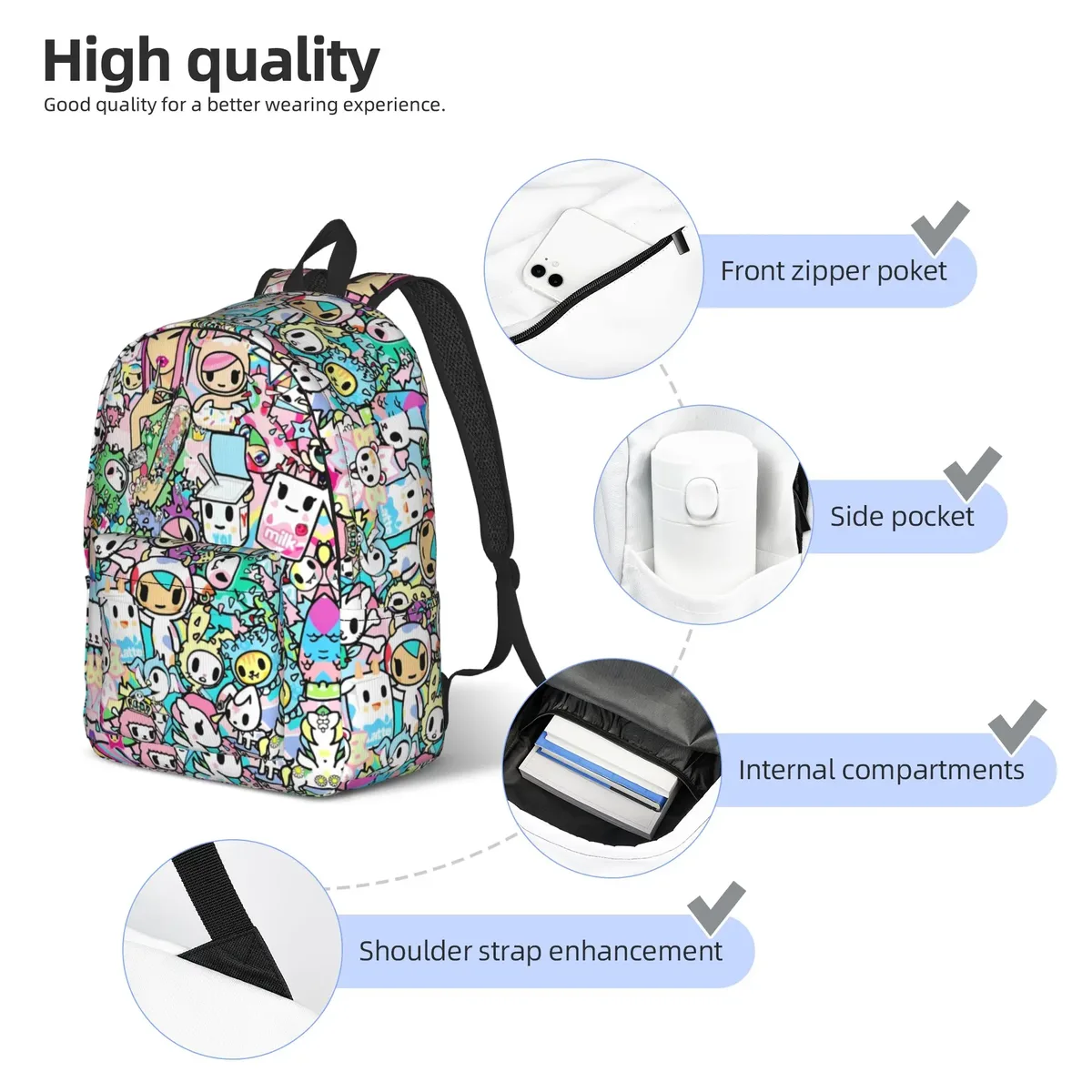 sac à dos tokidoki avec motif de collages de personnages, sacs à dos esthétiques en polyester pour adolescents, sacs de lycée, sacs de voyage colorés