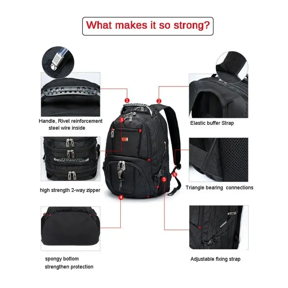 sacs multifonctionnels suisses durables, sac à dos pour ordinateur portable de 17 pouces, sac de voyage, sac à livres pour l'université, port de charge usb, résistant à l'eau
