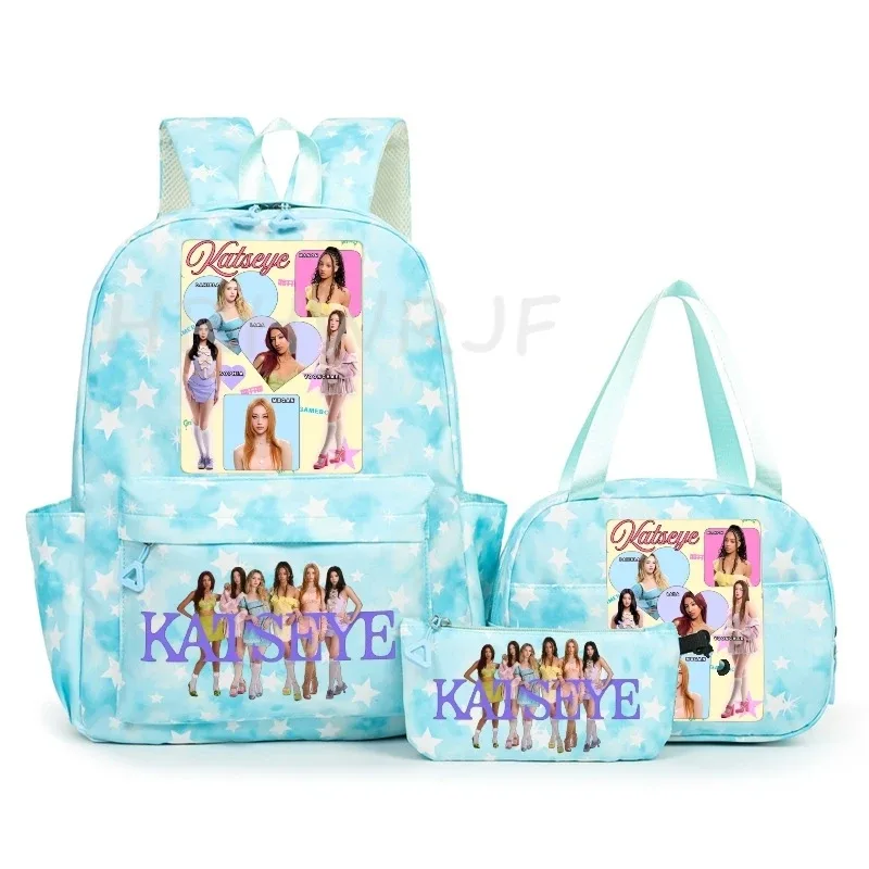 sac à dos katseye à thème musical, 3 pièces, imprimé étoiles roses, cartable amusant pour adolescents, étudiants, femmes, sac à dos pour ordinateur portable, sac de voyage mochila