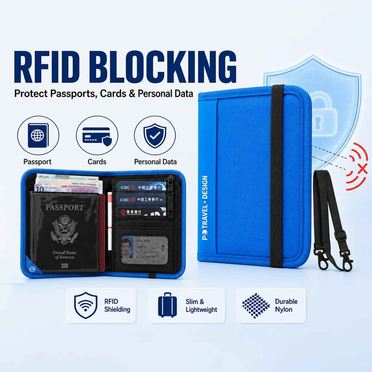 portefeuille de voyage rfid, porte-passeport, organisateur de cartes de crédit, pochette à fermeture éclair, organisateur de documents, accessoires de voyage antivol