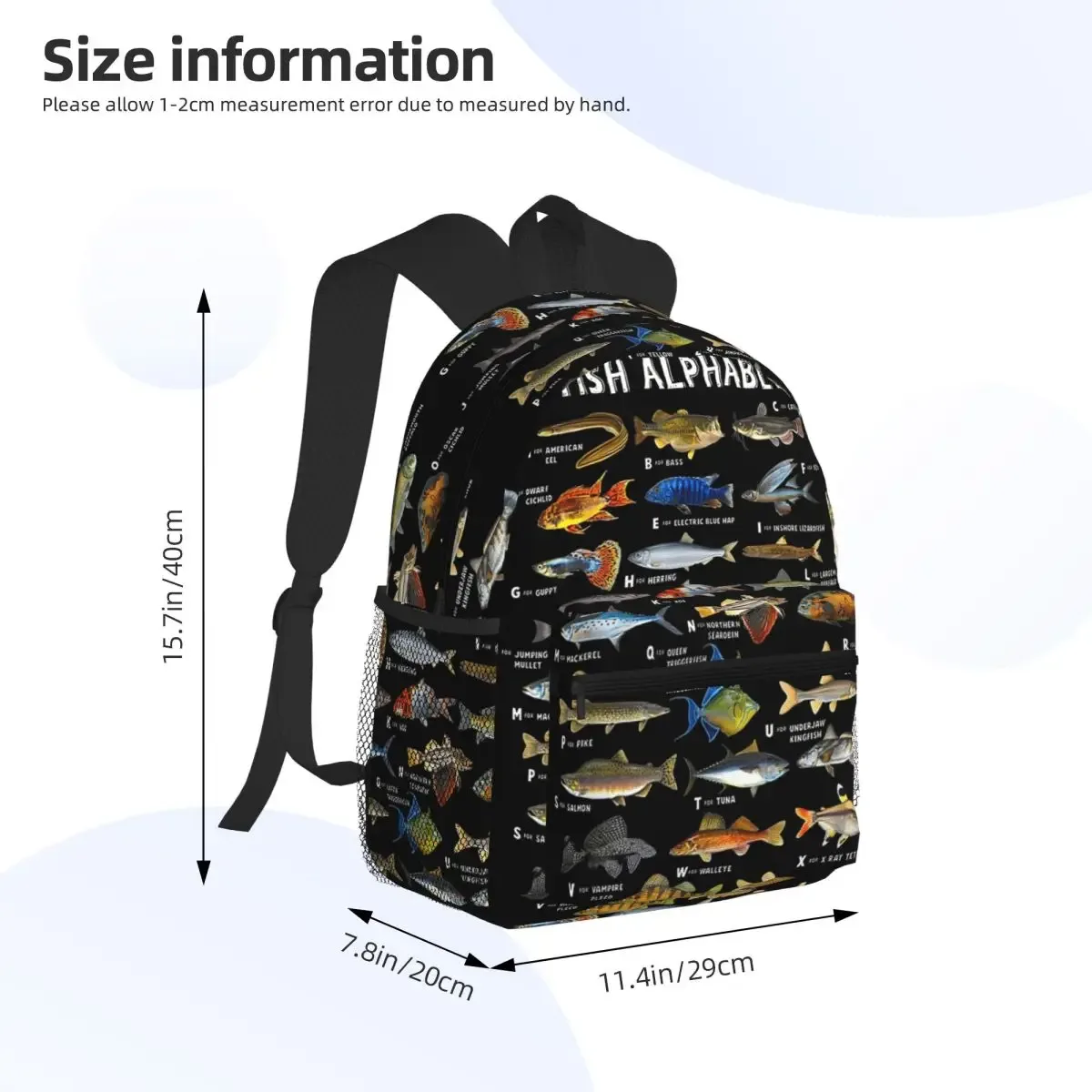 sac à dos scolaire éducatif alphabet des poissons, espèces d'eau douce, pour garçons et filles, sac à dos de pêche, sac à bandoulière