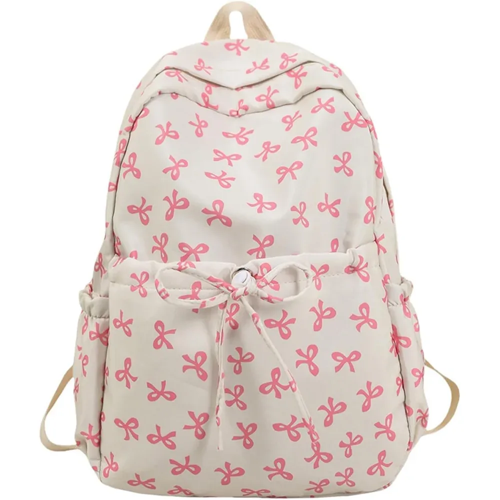 sac à dos mignon à nœud de grande capacité, sac d'école en nylon imprimé avec nœud, sac à dos de voyage à sangle réglable