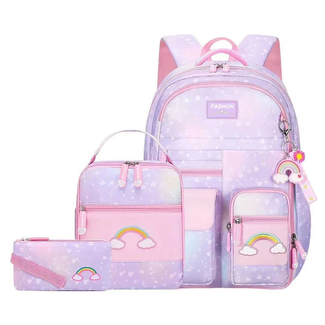 sac à dos scolaire pour filles, 3 pièces/ensemble, avec boîte à lunch et trousse à crayons, pour l'école primaire, le collège et le lycée