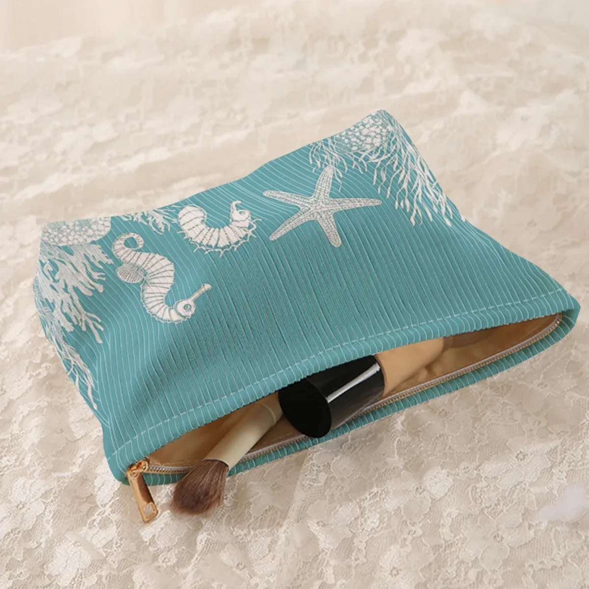 trousse de maquillage en velours côtelé à motif océan, boîte de rangement légère à fermeture éclair, sac multifonctionnel avec doublure, utilisé pour ranger les cosmétiques