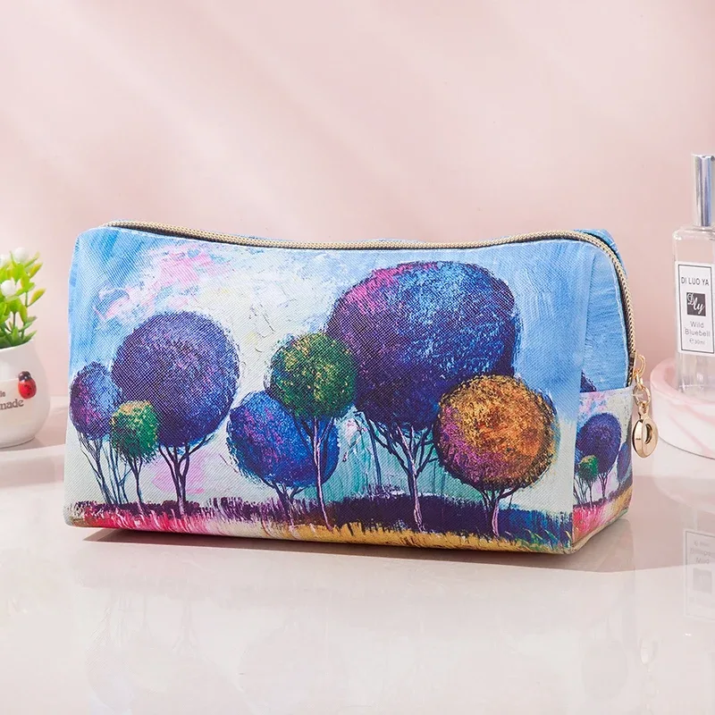 sac cosmétique imperméable en pu de style peinture à l'huile, sac de rangement portable de grande capacité, sac de maquillage multifonctionnel
