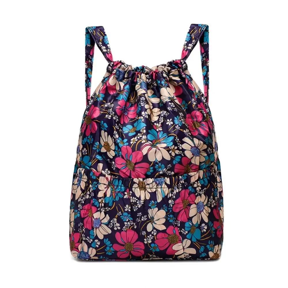 sac à dos décontracté à imprimé floral avec cordon de serrage, imperméable, grande capacité, en polyester, pour le sport et l'école, pour femmes