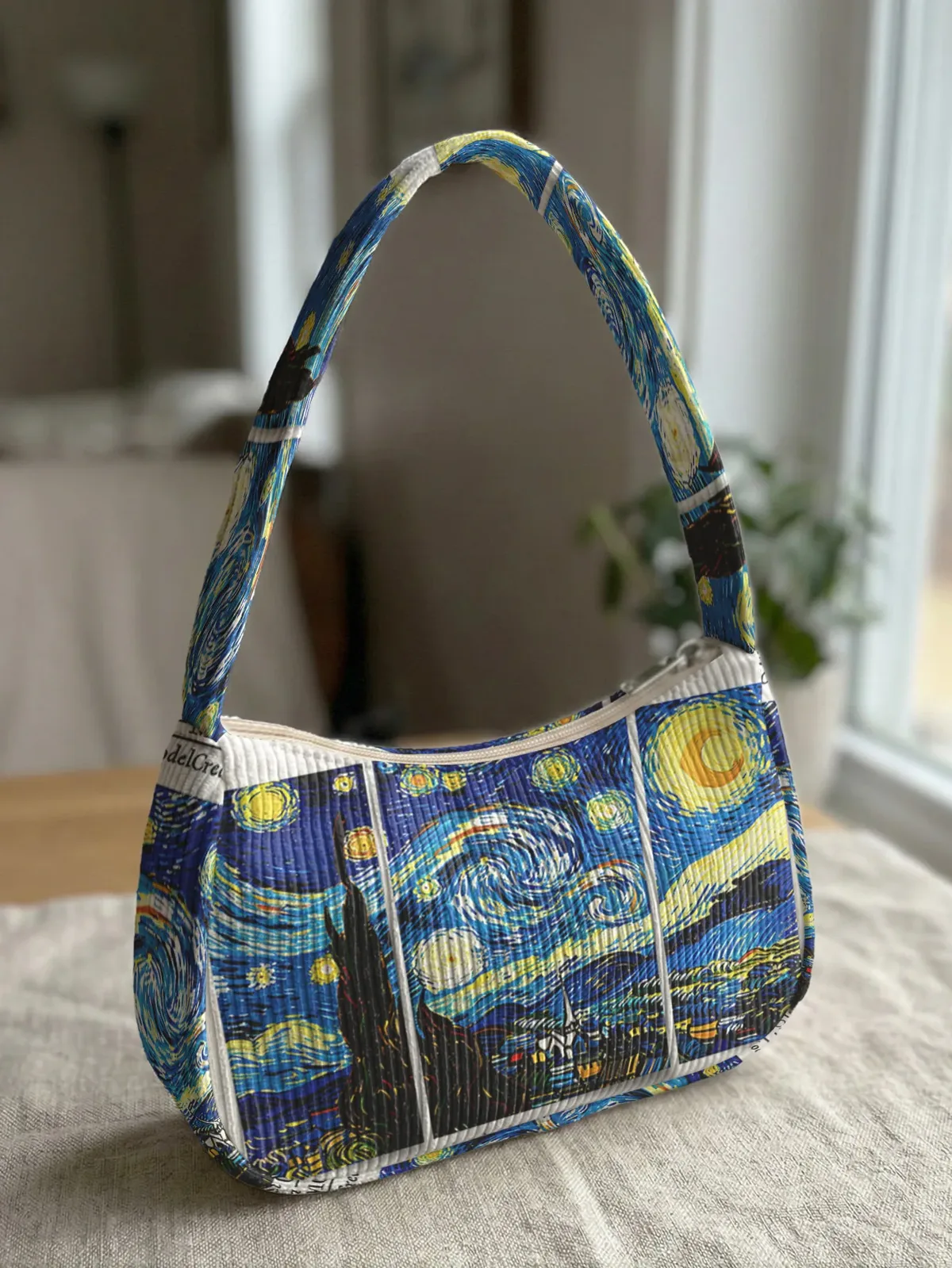 sac à bandoulière tendance avec imprimé the starry night, sac sous le bras en velours côtelé pour un usage quotidien décontracté
