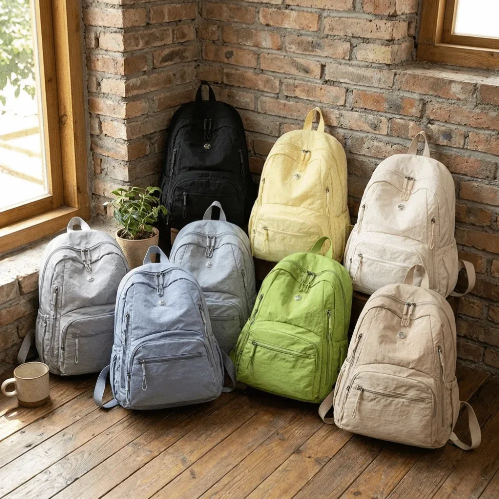 sac à dos minimaliste en nylon de grande capacité, fermeture éclair sécurisée, sac à dos léger et imperméable pour l'école et les voyages.