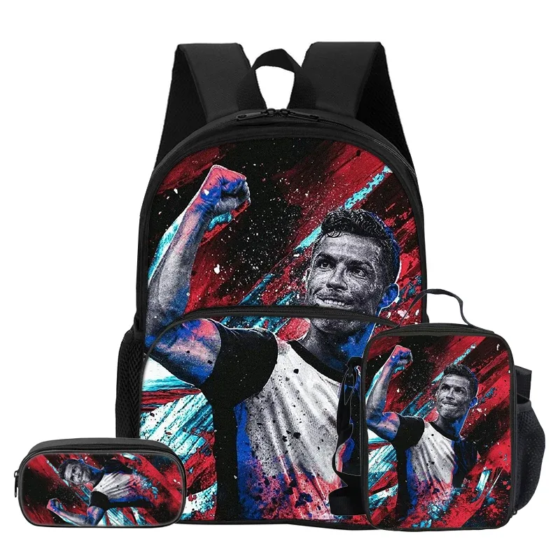 ensemble de 3 pièces avec sac à dos à poche avant ronaldo, sac isotherme pour le déjeuner, trousse à crayons cr, sac à dos de star du football