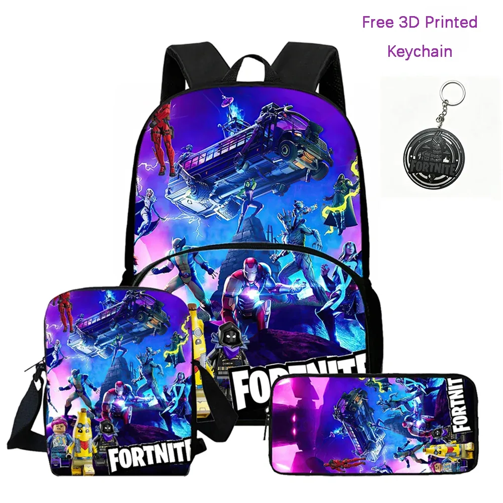 fortnite – sac à dos léger avec poche avant, sac bandoulière et trousse à crayons, pour garçons et filles de 5 à 10 ans, porte-clés imprimé en 3d gratuit, 3 pièces