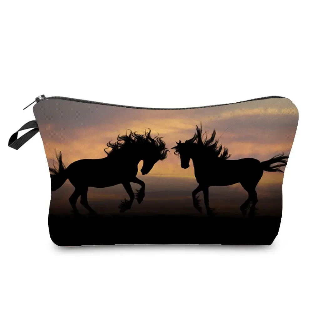sacs de maquillage imprimés cheval pour femmes, sac à cosmétiques décontracté pour filles, mini trousse de toilette écologique réutilisable de voyage, trousse à crayons pour étudiants
