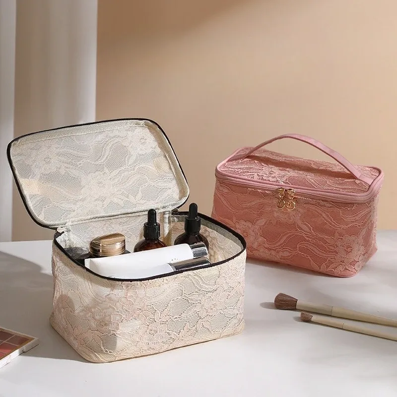 trousse de maquillage de voyage de grande capacité, sac à cosmétiques multifonctionnel portable en dentelle, sac de rangement de toilette pour femmes