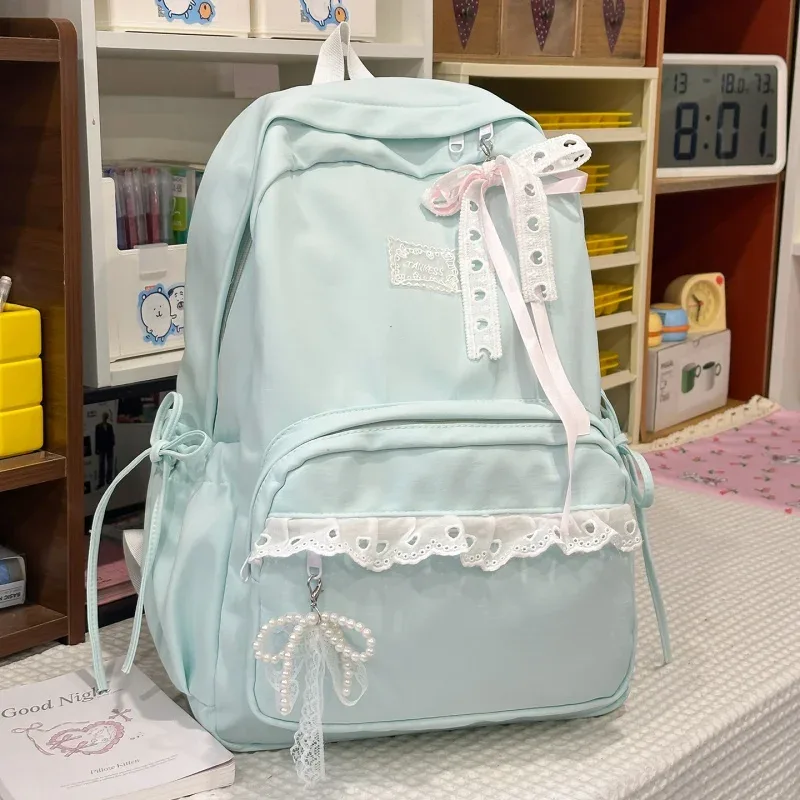 sac à dos élégant pour étudiantes, grande capacité, décontracté, avec nœud, en nylon souple, style preppy, pour filles, idéal pour le shopping et les sorties