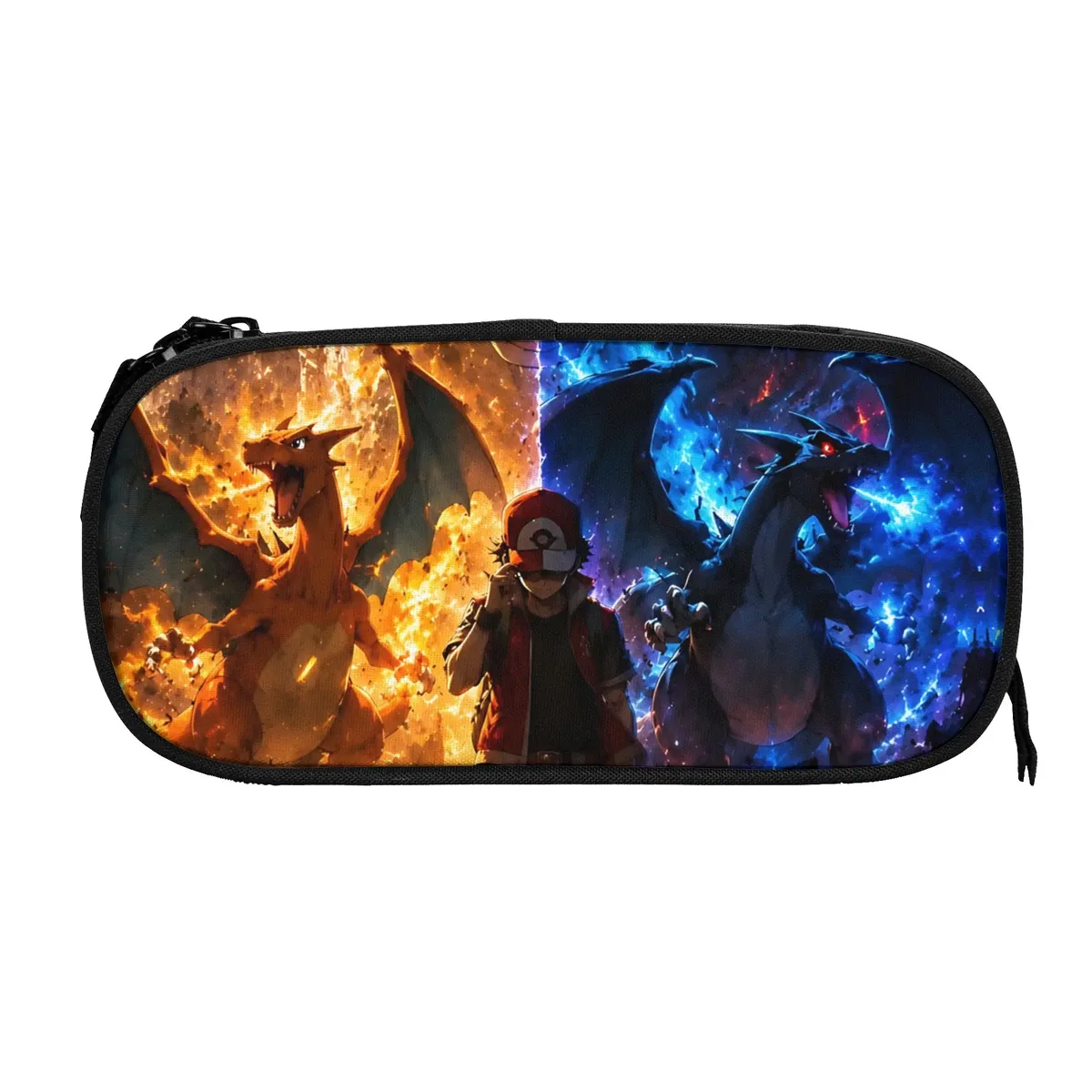 sacs personnalisés pokemon rouge et noir charizard de grande capacité pour enfants, trousse à crayons d'école pour garçons et filles