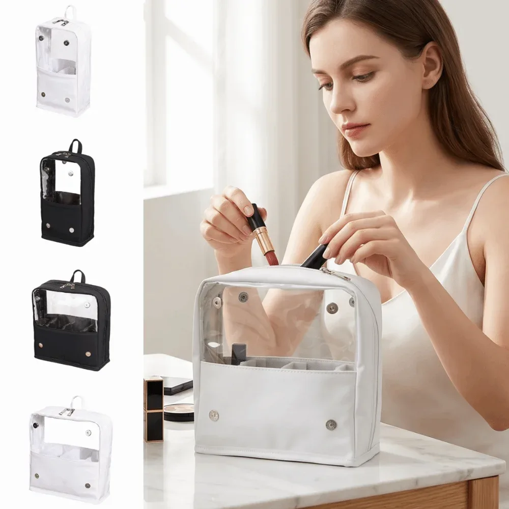 trousse de maquillage transparente imperméable avec fermeture éclair, grande capacité, poignée et conception autoportante