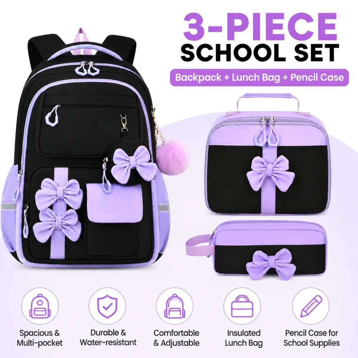 Ensemble de trousse à crayons, sac à déjeuner isotherme résistant à l'usure, sac à dos grande capacité, ensemble de sacs d'école grande capacité pour adolescentes