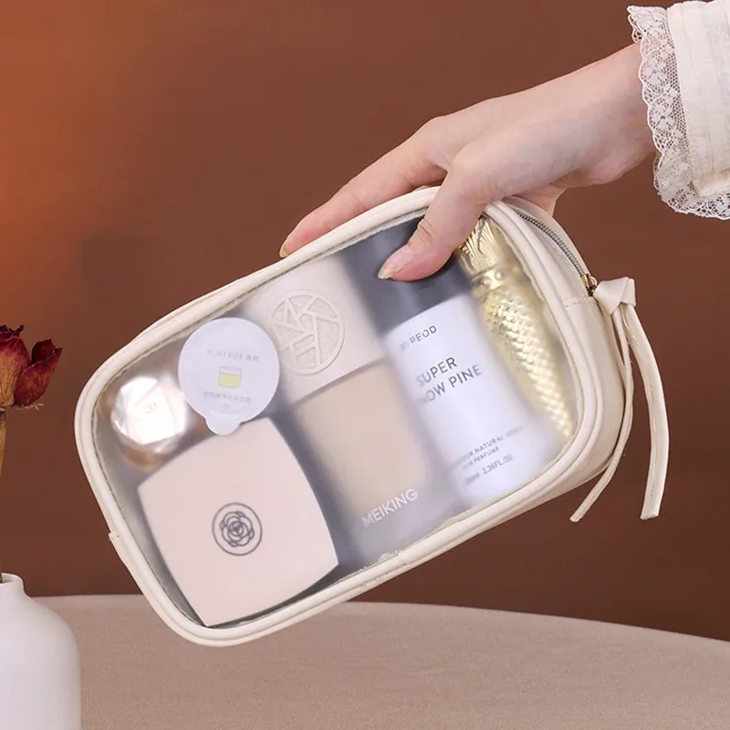 sac à cosmétiques semi-transparent en pvc mat - organisateur de maquillage de luxe grande capacité, trousse de toilette de voyage pour femmes
