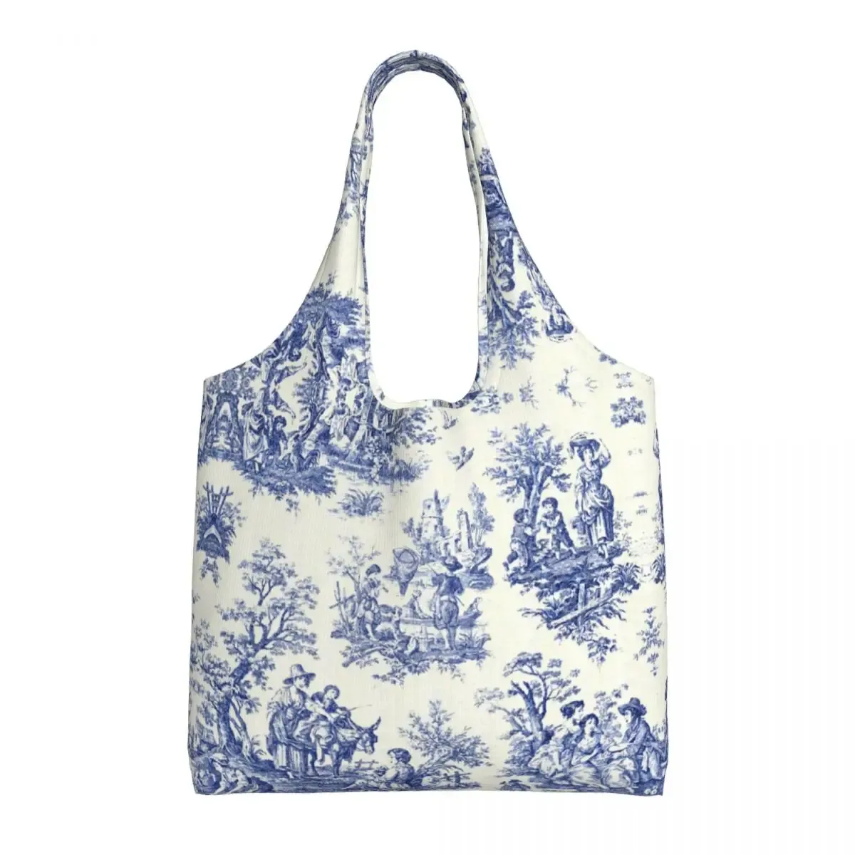 toile de jouy française classique vintage personnalisée, fourre-tout à motif bleu marine, fourre-tout de shopping en toile réutilisable, sac à bandoulière