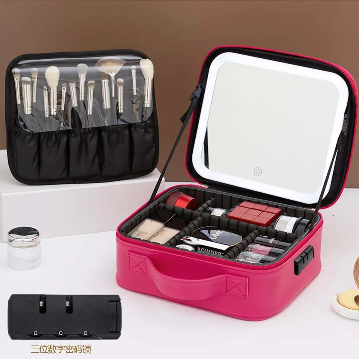 trousse de maquillage de voyage à lumière led avec miroir, grande capacité, sac de rangement avancé, étui de rangement portable, serrure à combinaison
