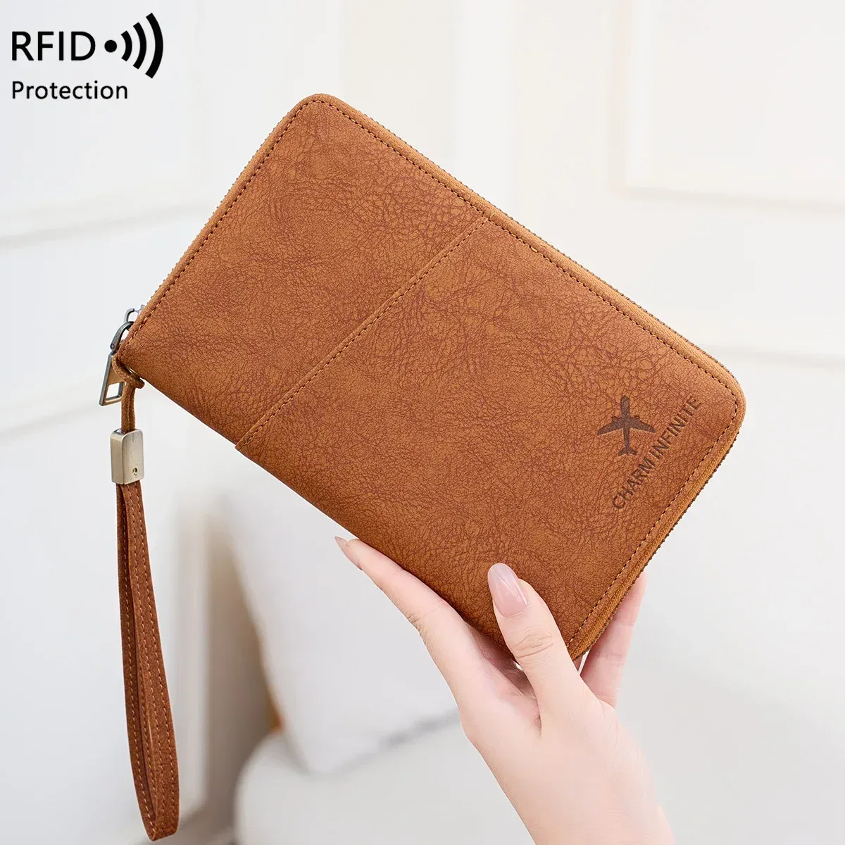 sac de passeport bloquant rfid avec porte-documents de voyage à longue fermeture éclair, portefeuille de rangement de billets multifonctionnel pour plusieurs passeports