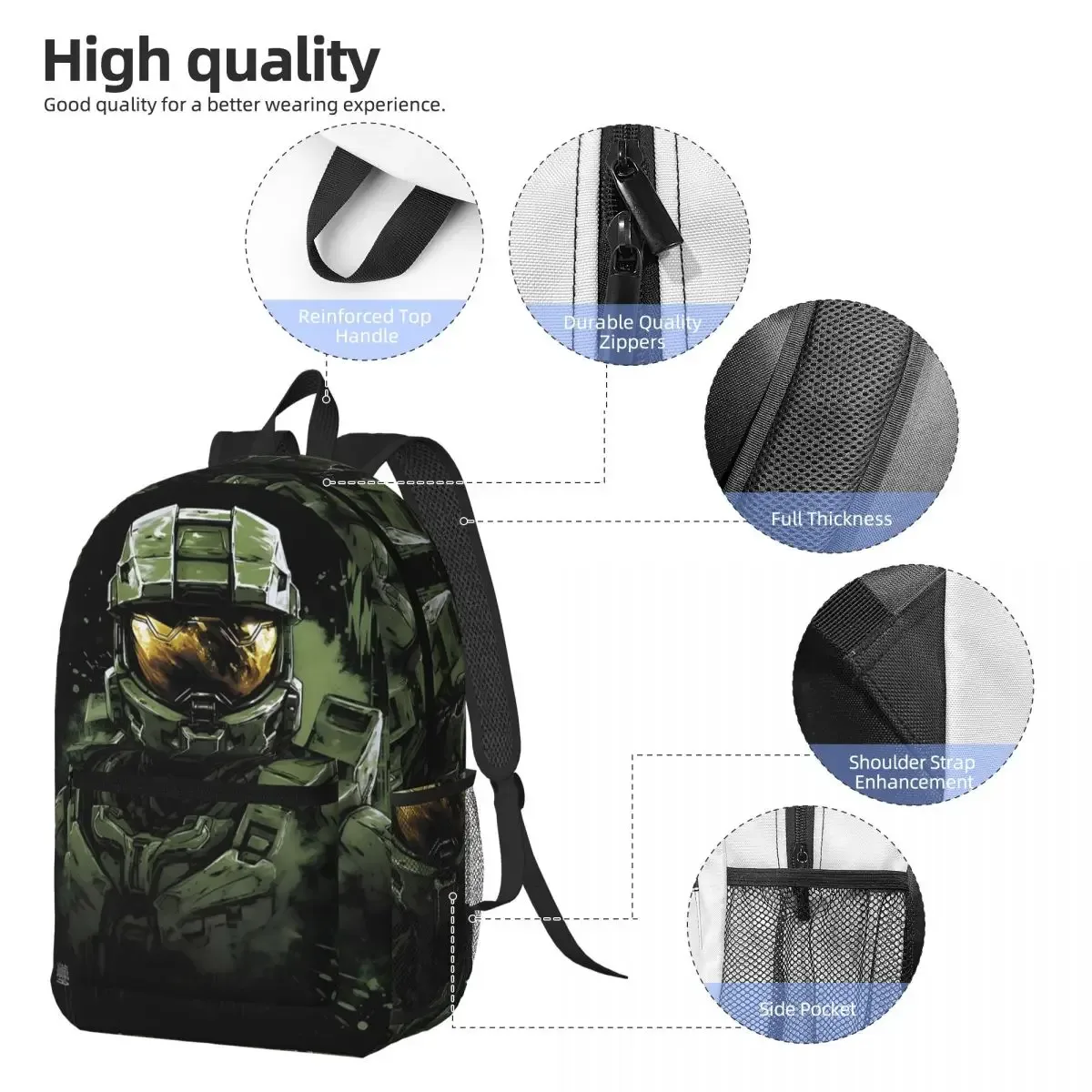 sac à dos master chief pour étudiants, sac d'école, sac à dos de randonnée, sac de voyage pour hommes et femmes, sac à bandoulière