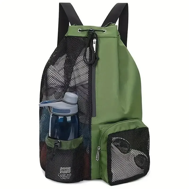 sac à dos respirant en maille noire avec cordon de serrage, poche latérale et bretelles durables pour la gym, la natation, la plage et les voyages en plein air