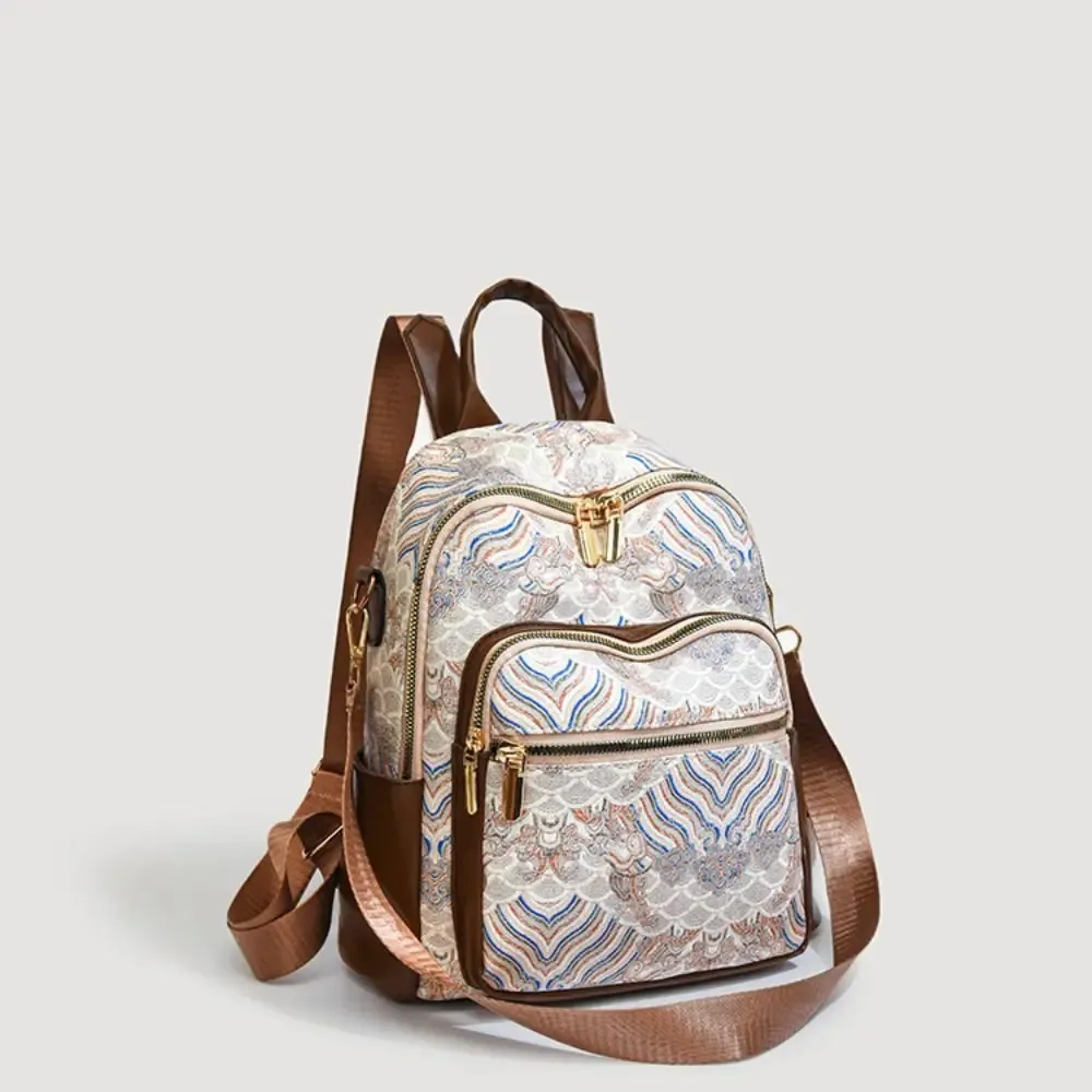 sac à dos décontracté pour femmes de grande capacité, en pu, style ethnique, sac à bandoulière polyvalent, avec poignée supérieure, broderie imprimée, mini sac à dos de voyage.