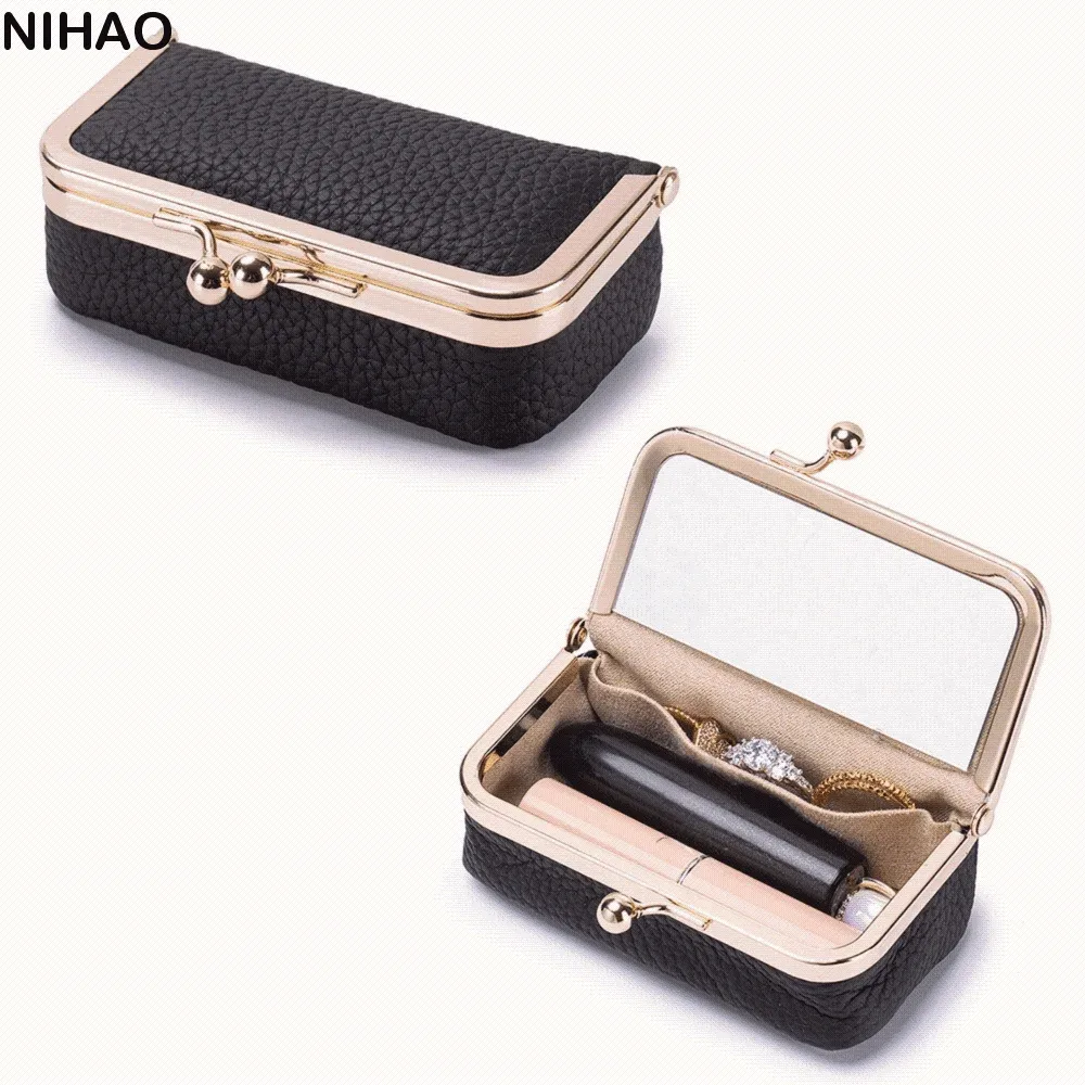 Pochette à rouge à lèvres portable avec miroir de maquillage, sac à bijoux en cuir exquis, anti-éclaboussures, sac cosmétique multifonctionnel, rangement