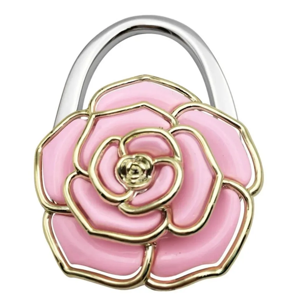 joli crochet pliable pour sac à main en forme de rose, support portable créatif pour porte-documents, support de table durable à bords dorés