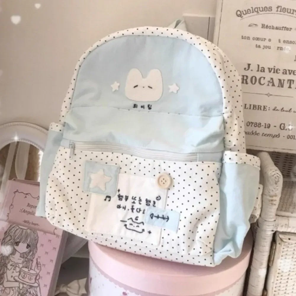 sac à dos en nylon à pois patchwork, grande capacité, multi-poches, imprimé chat, sac de jour, doublure en polyester, léger, pour l'école et les trajets quotidiens