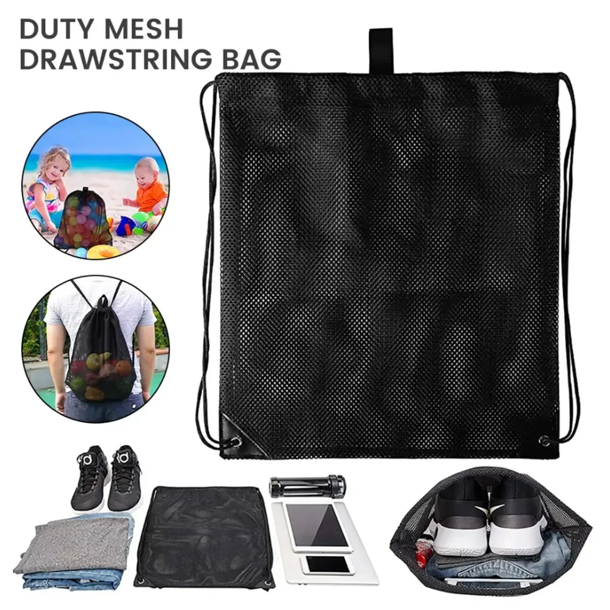 sac à cordon en maille noire avec coins renforcés, sac à dos léger en maille pour la plage, les courses, les jouets, la gym, les voyages et le rangement