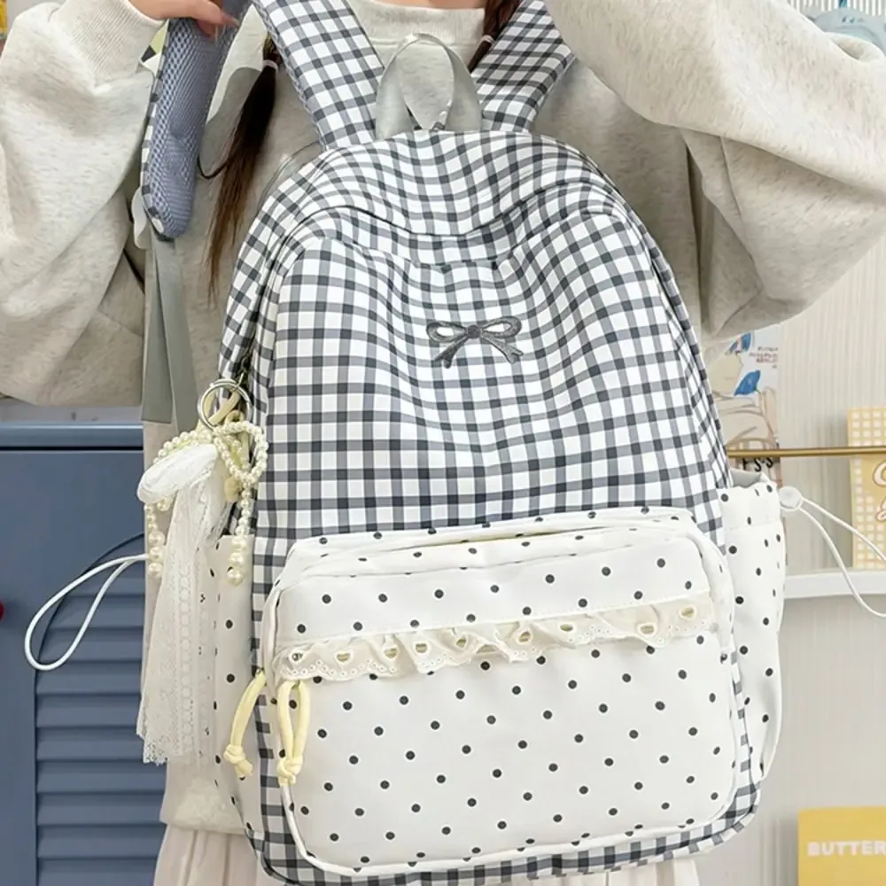 sac à dos tendance à pois, motif écossais et nœud, léger, idéal pour étudiants, cadeau