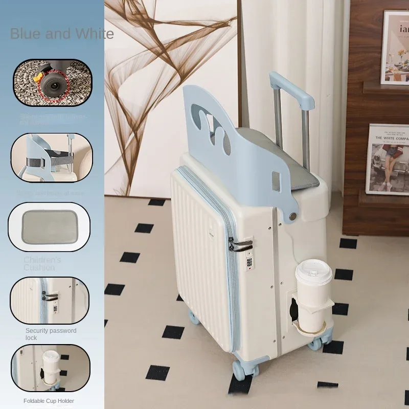 nouvelle valise pour enfants sur laquelle on peut s'asseoir, 20/22/24 pouces, valise à roulettes avec ouverture frontale, robuste et épaissie, avec porte-gobelet.