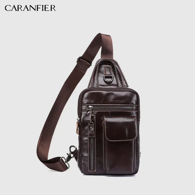 caranfier hommes poitrine sacs à dos épaule sac de messager véritable cuir de vachette hommes fermeture éclair doux mâle classique petits sacs de voyage
