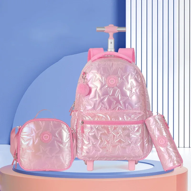 3 pièces/ensemble enfants bagages roulants sac à dos pour adolescents filles chariot de voyage sacs d'école avec roues étudiants sac à dos à roulettes