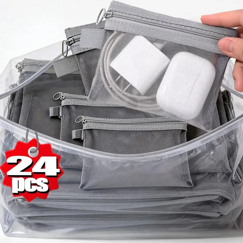 24-1pcs Sacs cosmétiques transparents en maille pour femmes, trousse de maquillage noire, organiseur de voyage portable, étui de rangement pour rouge à lèvres, pochette cadeau