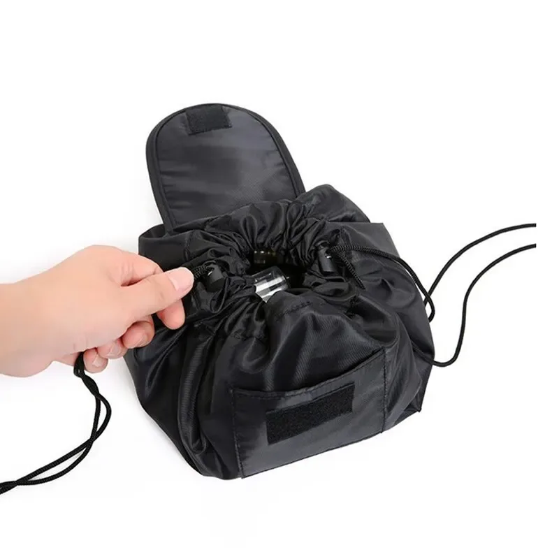 sac de rangement de maquillage élastique à cordon de serrage pour femmes, sac de voyage portable noir de grande capacité, sacs de rangement tendance