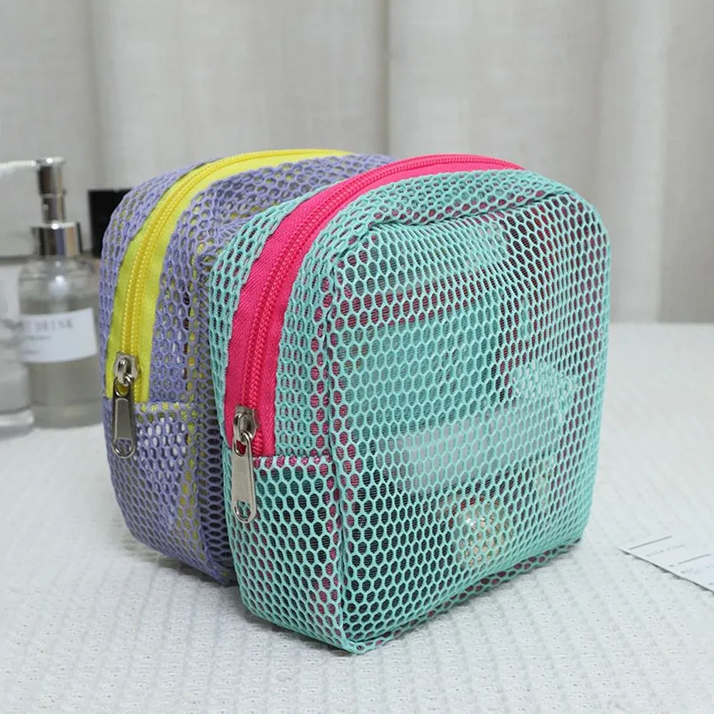 sac de rangement cosmétique tendance de grande capacité - trousse de toilette de voyage en maille violette/verte avec plusieurs compartiments, design léger et pliable, adapté pour la salle de sport, le camping et les v