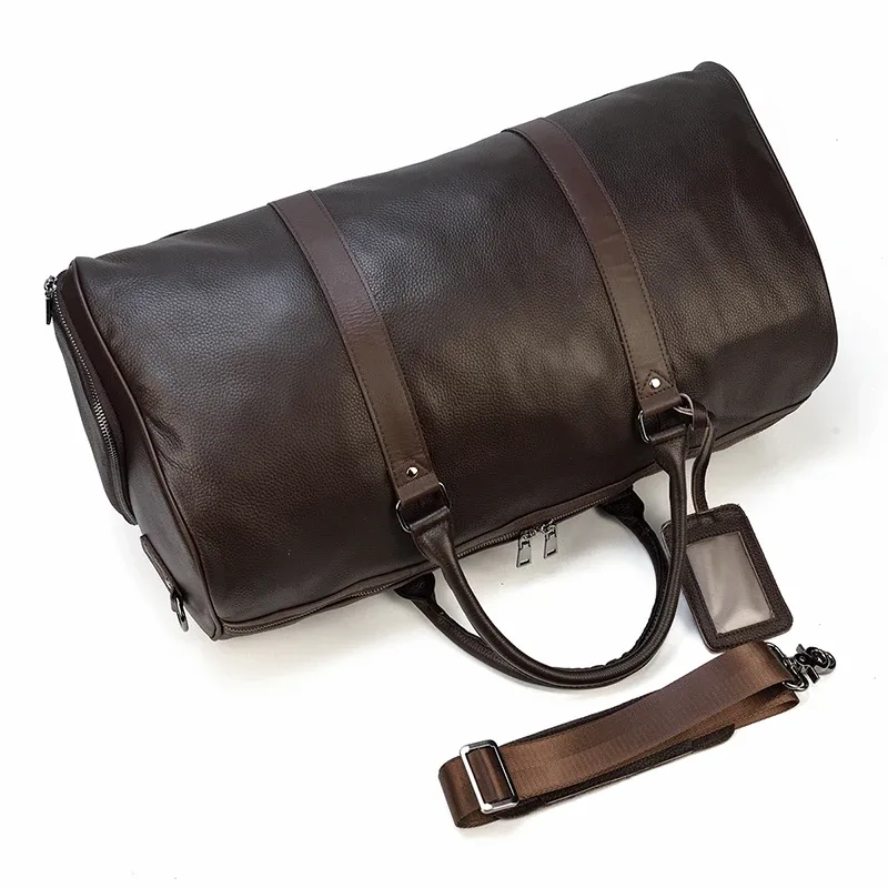 sac de voyage en cuir véritable de grande capacité pour hommes et femmes, en cuir de vache noir souple, polochon de voyage décontracté, grand sac à bandoulière pour week-end