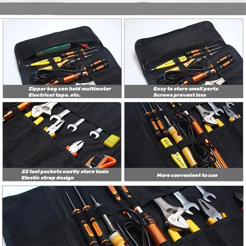 sac de rangement en toile oxford pour outils d'électricien, rouleau à main pliable, étanche, multi-poches, 22