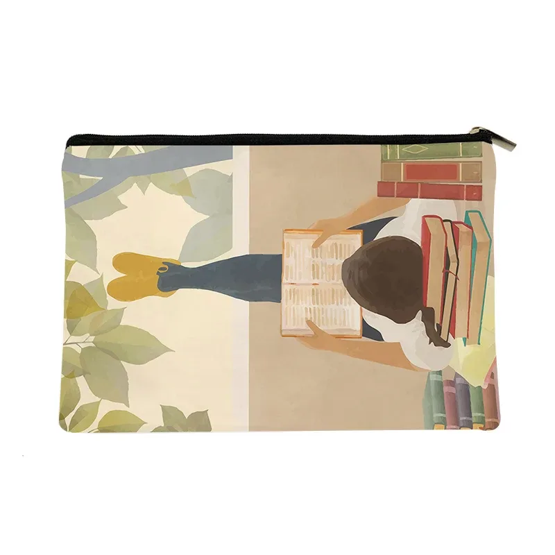 trousse de maquillage bohème en toile, motif abstrait de feuilles de plantes botaniques, pochette cosmétique minimaliste avec fermeture éclair, organisateur de toilette portable pour voyage.