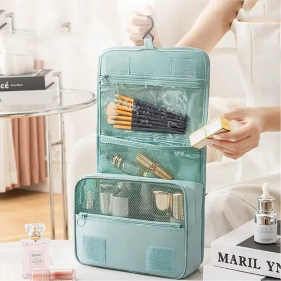 trousse de toilette de voyage de style coréen, trousse de maquillage, sac à crochet, sac de rangement multifonctionnel universel de grande capacité avec séparation sec/humide.
