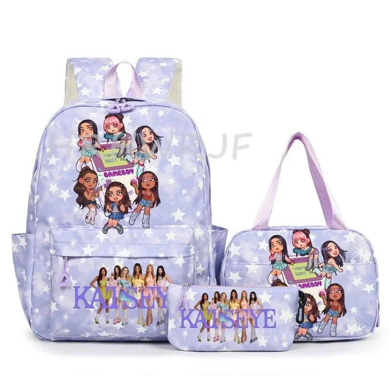 sac à dos katseye à thème musical, 3 pièces, imprimé étoiles roses, cartable amusant pour adolescents, étudiants, femmes, sac à dos pour ordinateur portable, sac de voyage mochila