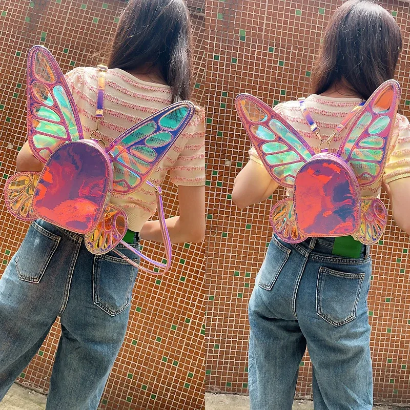 sac à dos drôle d'ailes de papillon d'ange sac à dos d'école laser pour femme pour fille voyage sac à dos décontracté sac d'école en cuir holographique