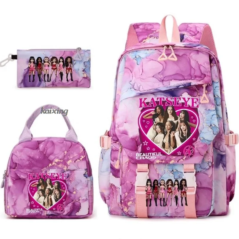 nouveaux sacs à dos katseye à imprimé amusant, 3 pièces/ensemble, sac d'école pour étudiants, sac de voyage pour adolescents, filles et garçons, sacs à lunch, sac à dos