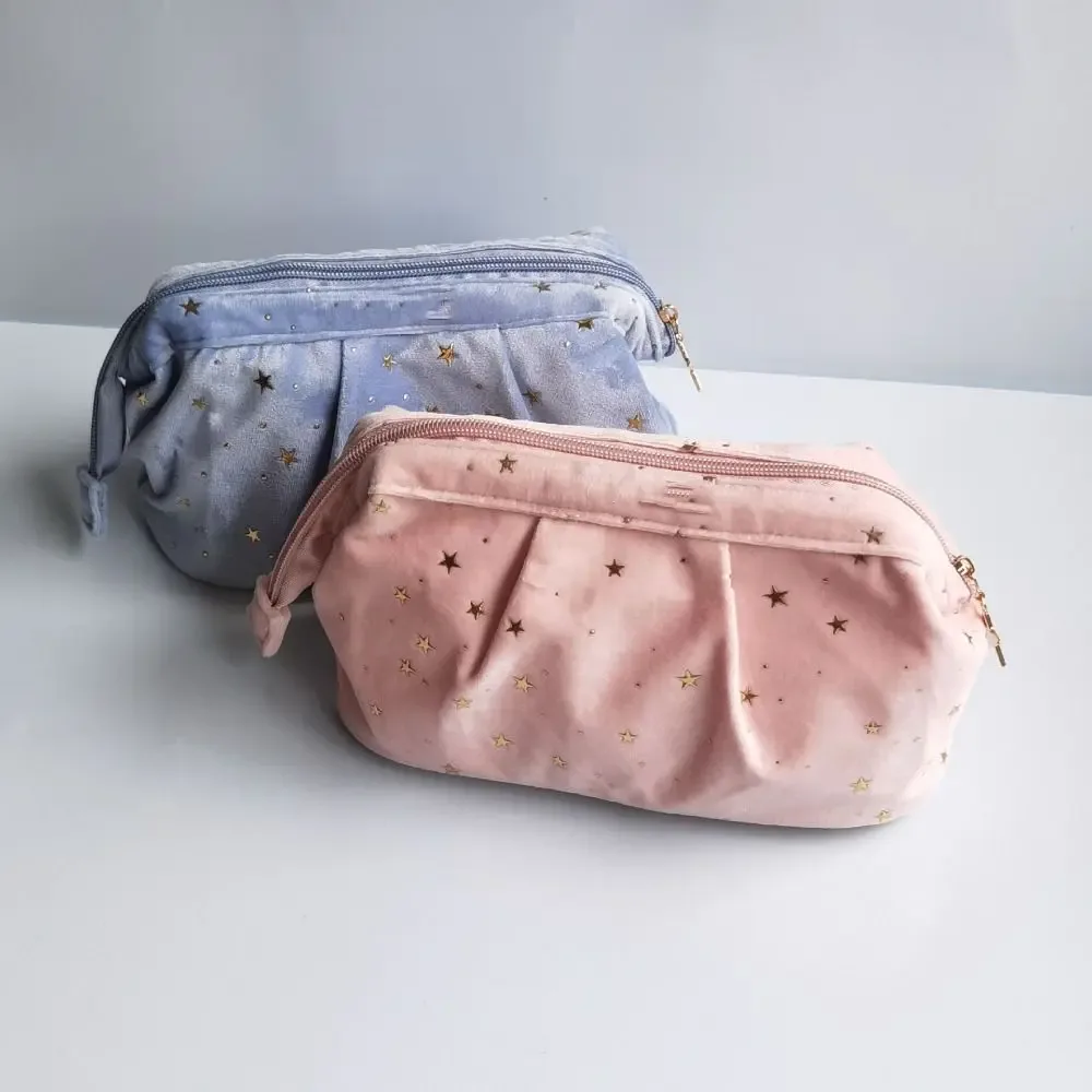 trousse de toilette de voyage en velours bronzing stars avec fermeture éclair, grande capacité, sac à main et sac de rangement de bureau pour produits de toilette