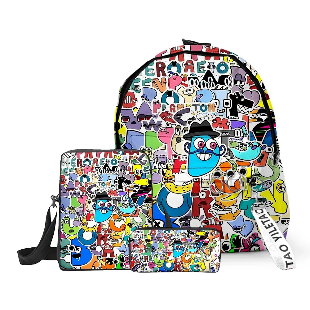 Sacs d'école classiques populaires Alphabet Lore imprimés en 3D, 3 pièces/ensemble, sac à dos pour ordinateur portable, sac à bandoulière incliné, trousse à crayons