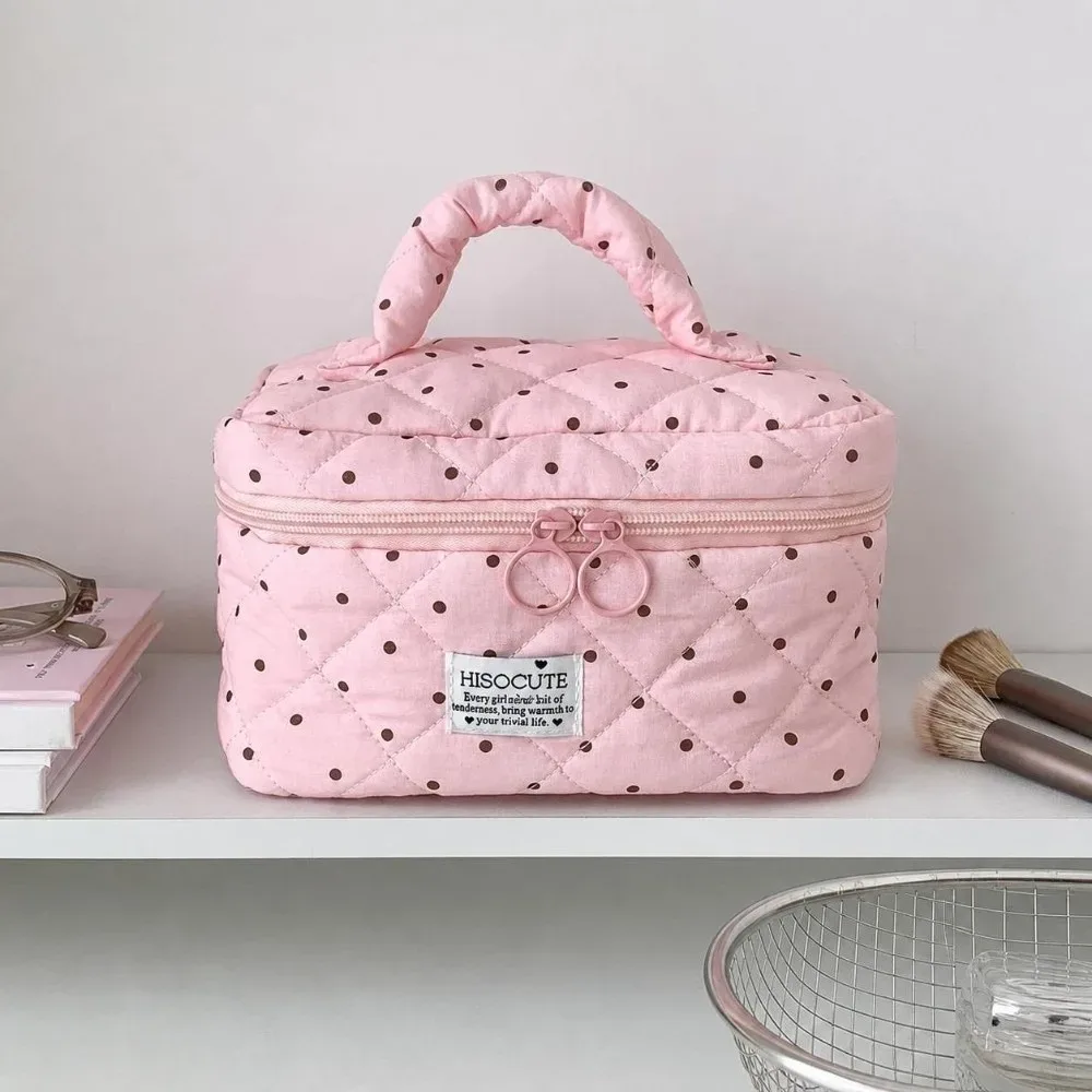 sac de maquillage matelassé à motif à pois kawaii avec poignée, grande capacité, organisateur de toilette de voyage, sac de rangement polyvalent pour femmes
