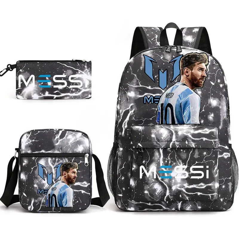 3 pièces sacs à dos messi étoiles de football imprimé léger simple sacs d'école pour ordinateur portable junior-senior lycéens mochilas