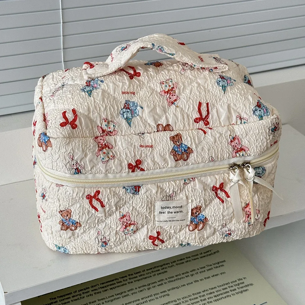 sac matelassé pour femmes, animaux de dessin animé kawaii, grande capacité, pochette de rangement de toilette cosmétique, 3 types, trousse de maquillage à fermeture éclair pour dames